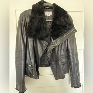 Badgley Mischka genuine leather and shearling moto jacket